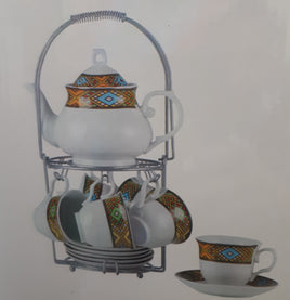 Porcelain Tea Sets Eri/Ethio Series, 8 OZ Cups & Saucer Service for 6, With Tea pot with lid and Metal Stand
